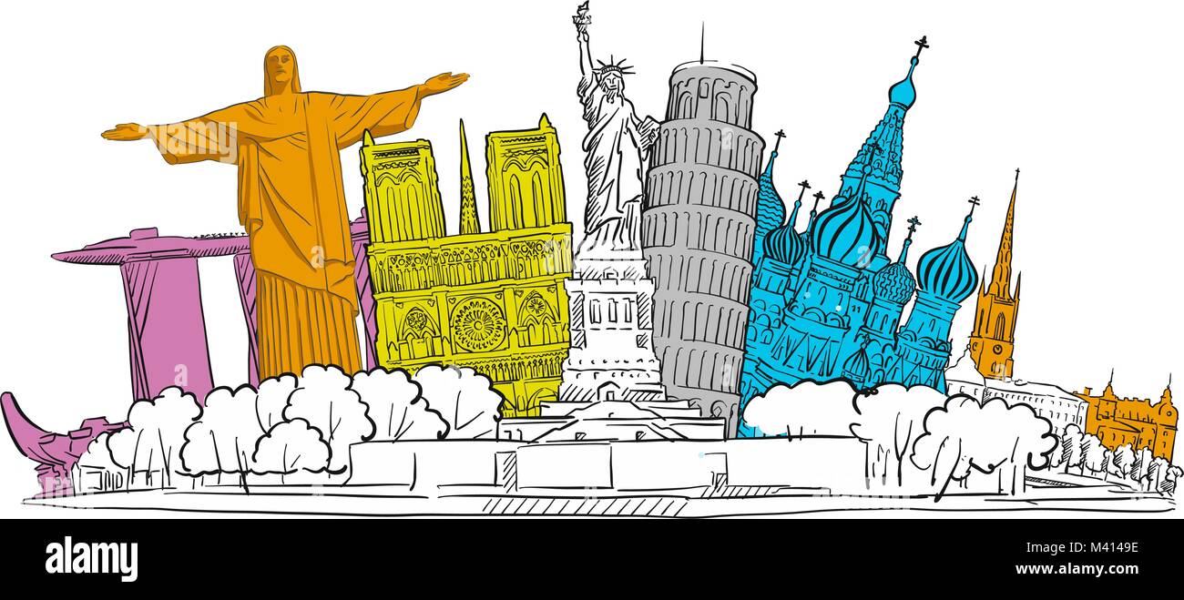 Berühmte Travel Banner Skizze. Tourismus Skizze Konzept mit Sehenswürdigkeiten. Reisen Vector Illustration. Von Hand gezeichnet, modernes Design. Stock Vektor
