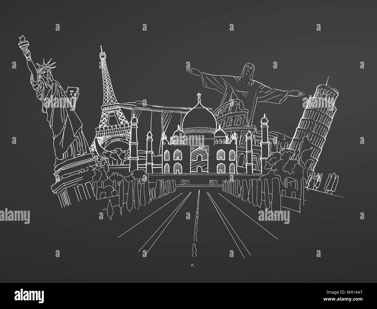 Reisen zu Welt. Skizze auf dem Schwarzen Brett. Road Trip. Tourismus Skizze Konzept mit Sehenswürdigkeiten. Reisen Vector Illustration. Von Hand gezeichnet, modernes Design. Stock Vektor