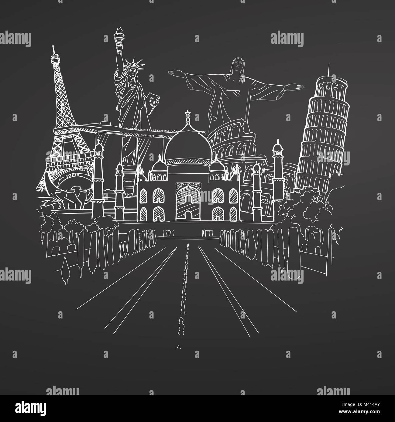 Reisen nach Welt Sammlung am Schwarzen Brett. Tourismus Skizze Konzept mit Sehenswürdigkeiten. Reisen Vector Illustration. Von Hand gezeichnet, modernes Design. Stock Vektor