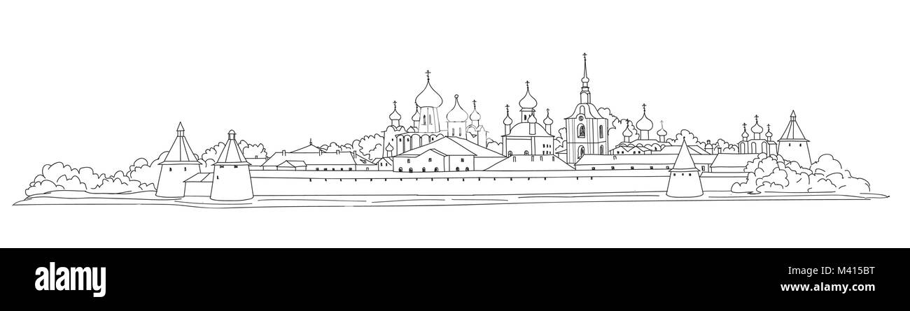 Russische Wahrzeichen Solowki. Blick auf die Skyline. Landschaft von solowki Kloster. Reisen Russland Hintergrund. Handskizze Abbildung gezeichnet. Stock Vektor