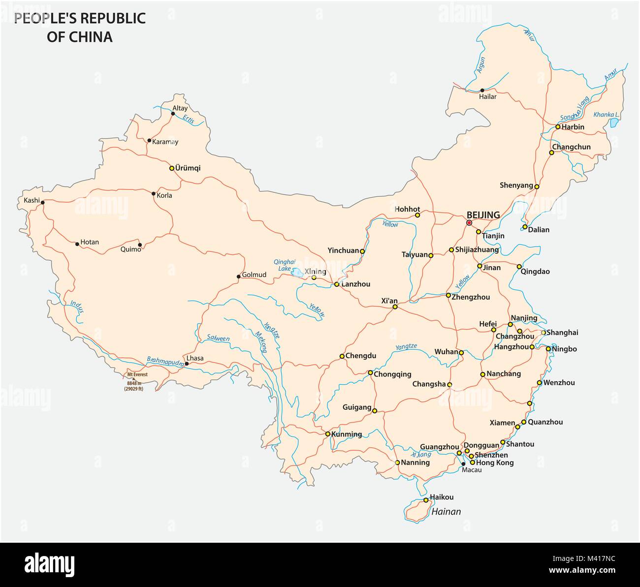 Volksrepublik China Straße Vektorkarte mit Fahne Stock Vektor