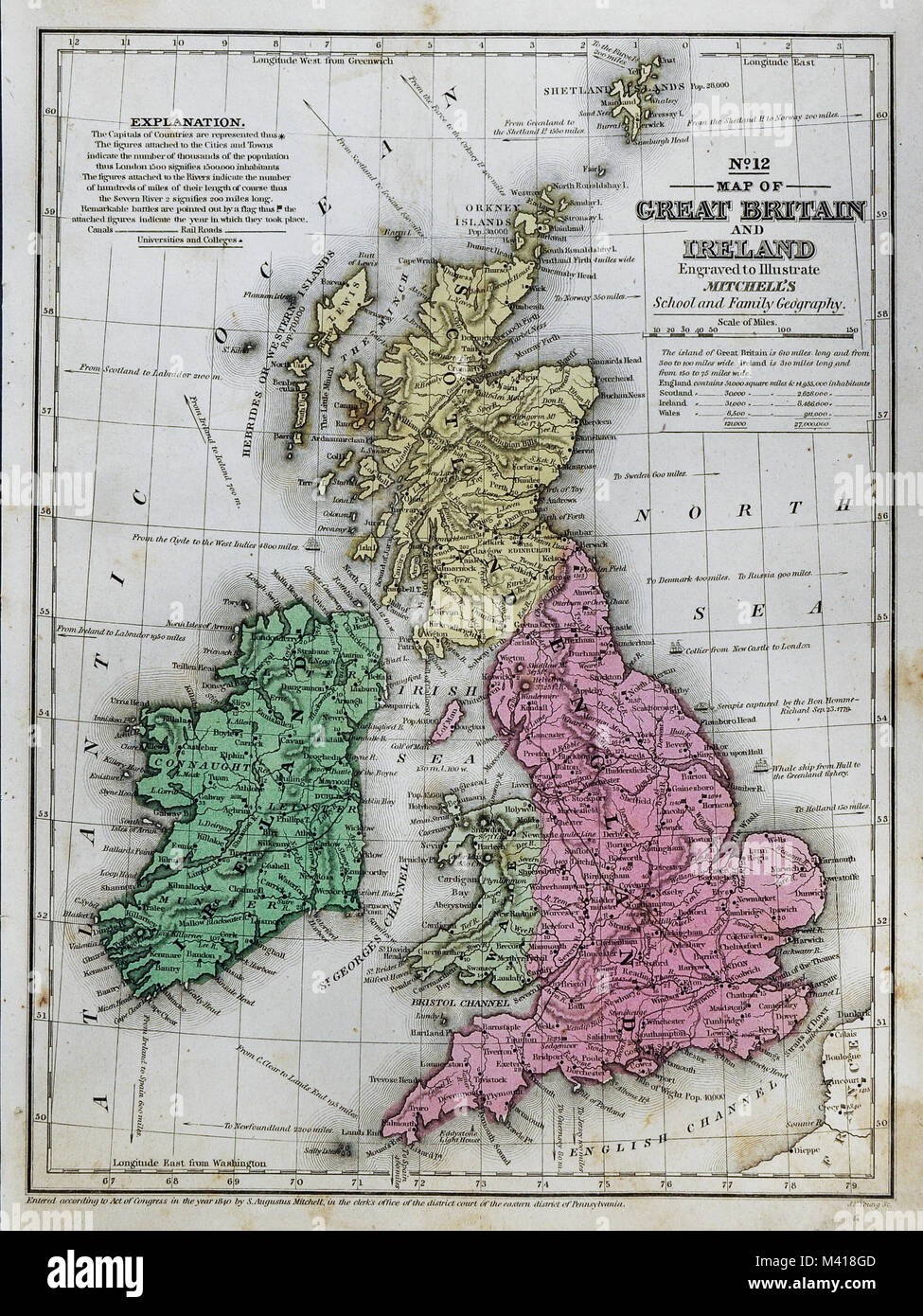 1839 Mitchell Karte - Britische Inseln - Großbritannien - England Wales Schottland Irland London Dublin Edinburgh Stockfoto