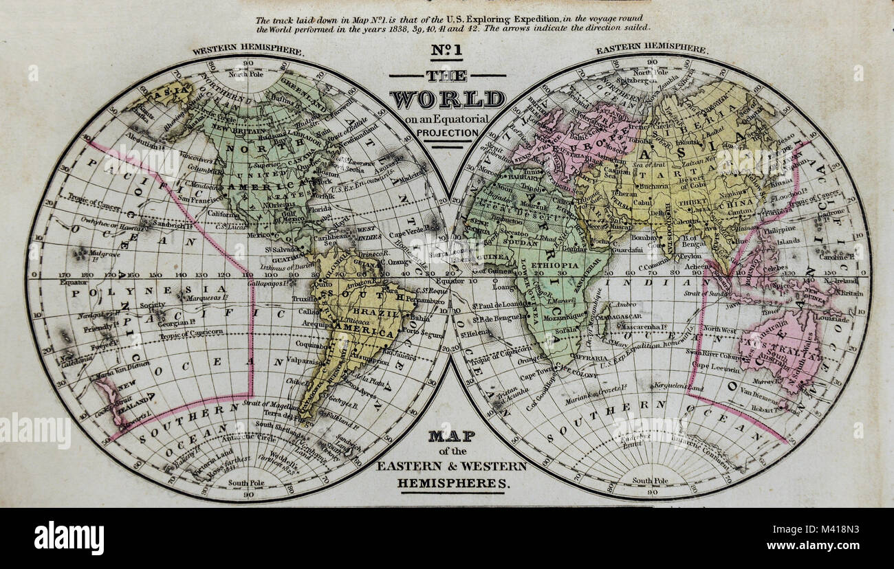 1839 Mitchell Karte - Welt in Hemisphären - Östliche und Westliche - Asien Afrika Australien Nord- und Südamerika Stockfoto