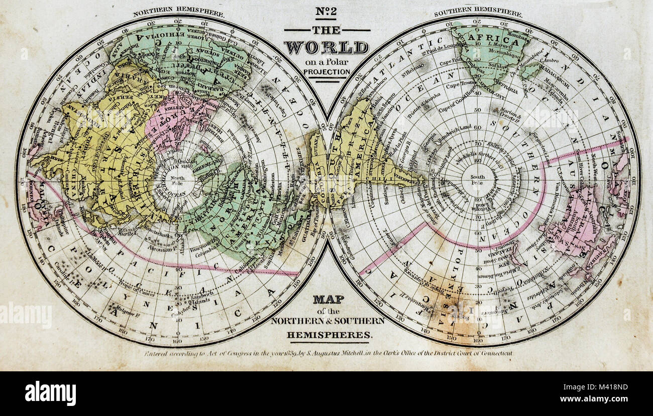 1839 Mitchell Karte - Polar Projektionen - North & South Pole - Arktis Antarktis - Welt in Hemisphären Stockfoto