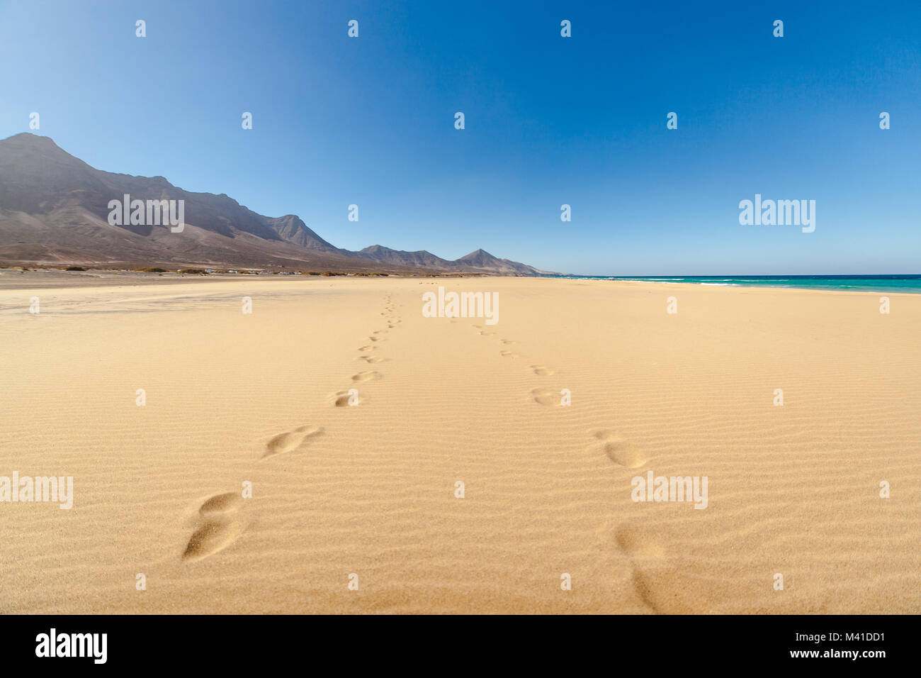 Fuerteventura - Amazing Cofete Strand mit endlosen Horizont und Spuren im Sand. Vulkanischen Hügeln im Hintergrund und den Atlantischen Ozean. Kanarischen Inseln. Stockfoto