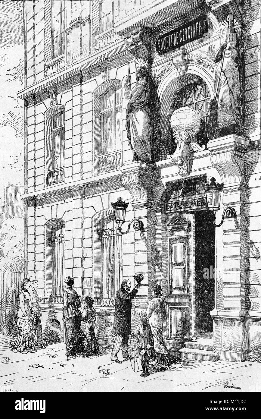 Sitz der Société de Géographie, der weltweit älteste Geographische Gesellschaft gegründet im Jahr 1821, auf dem Boulevard Saint-Germain, Paris (Kupferstich von 1879) Stockfoto