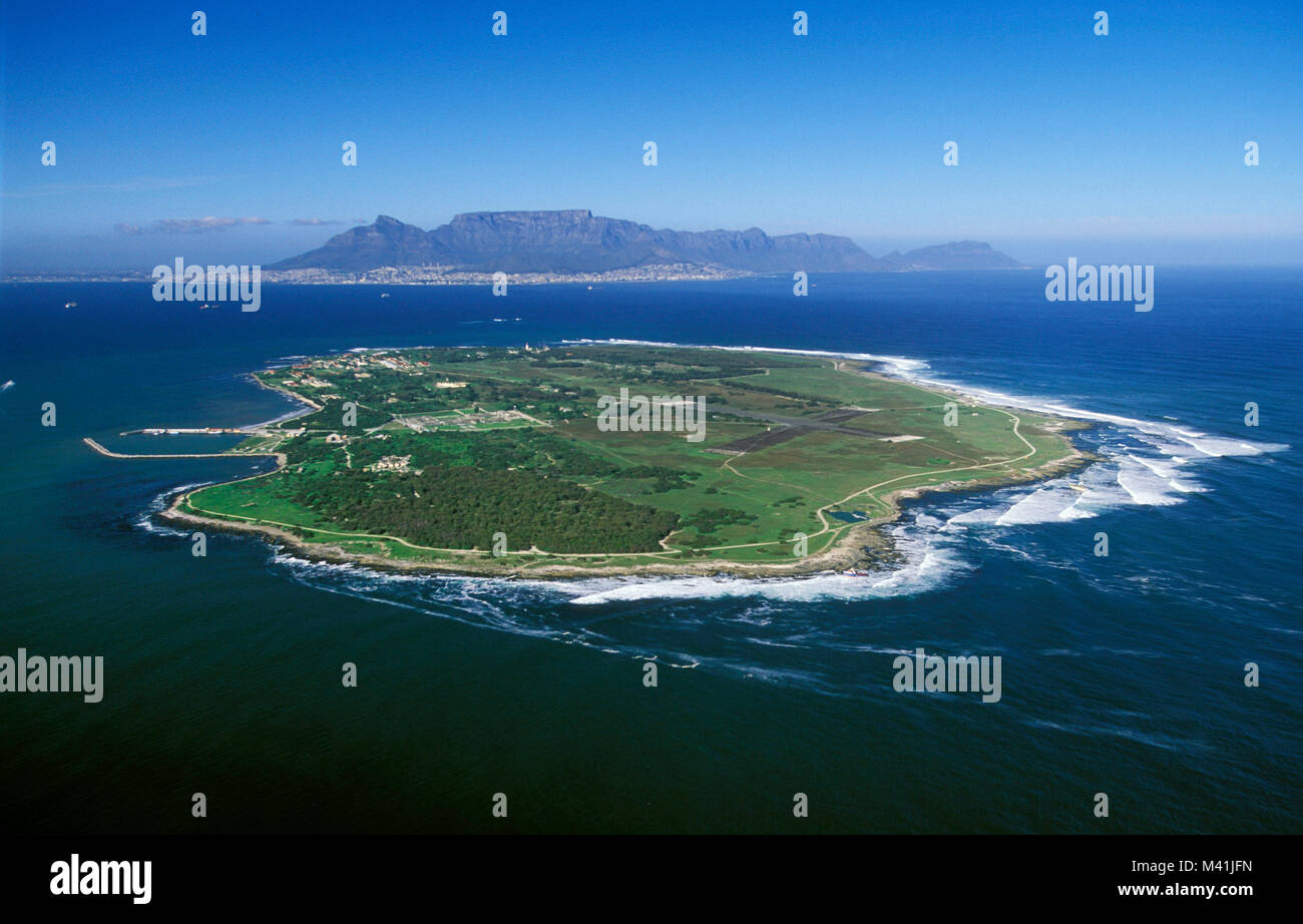 Südafrika. Kapstadt. Robben Island. Gefängnis mit berühmten politischen Gefangenen Nelson Mandela. Antenne. Unesco-Weltkulturerbe. Stockfoto