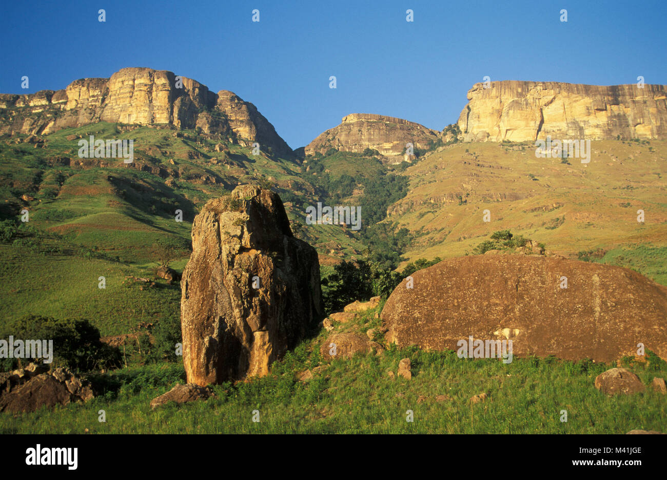 Südafrika. Drakensberge. Die Royal Natal National Park. Kalkstein Felsabstürze. Maloti-Drakensberg Park. Unesco-Weltkulturerbe. Stockfoto