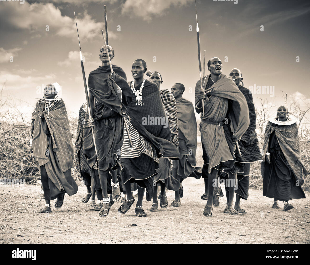 Tansania, Afrika - Februar 9, 2014: Masai Krieger tanzen traditionelle Sprünge, wie kulturelle Zeremonie, Überprüfung des täglichen Lebens der Menschen vor Ort Am 9. Stockfoto