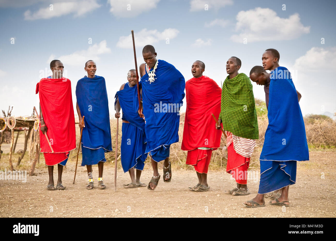 Tansania, Afrika - Februar 9, 2014: Masai Krieger tanzen traditionelle Sprünge, wie kulturelle Zeremonie, Überprüfung des täglichen Lebens der Menschen vor Ort Am 9. Stockfoto