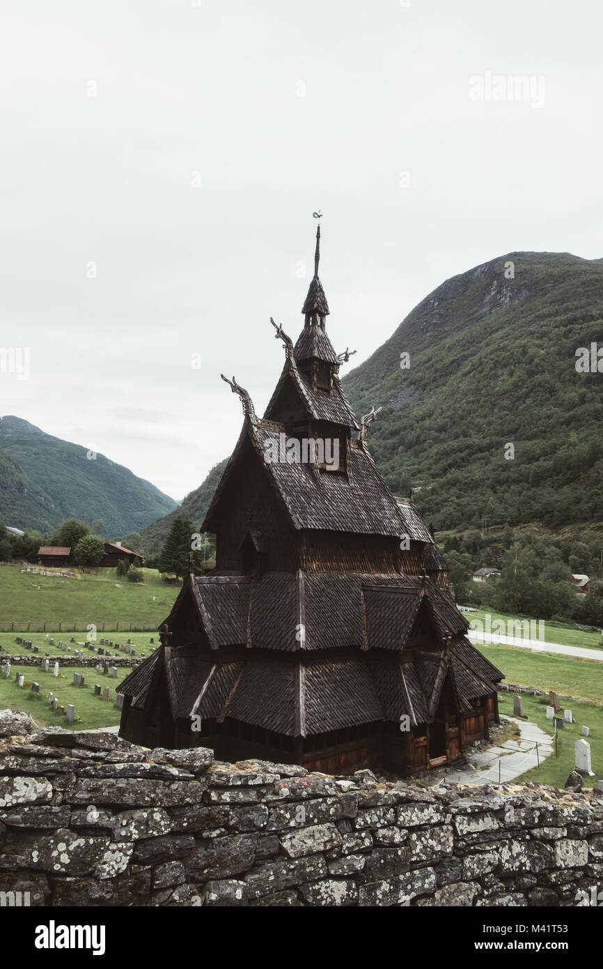 Alte hölzerne Stabkirche Borgund Stockfoto