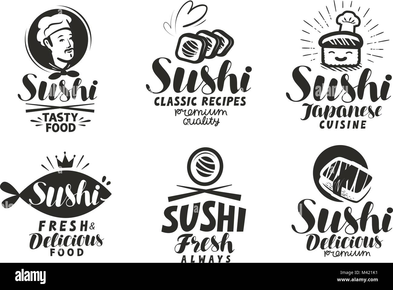 Sushi und Brötchen Logo oder Label. Japanisches Essen Menü. Schriftzug Vector Illustration Stock Vektor