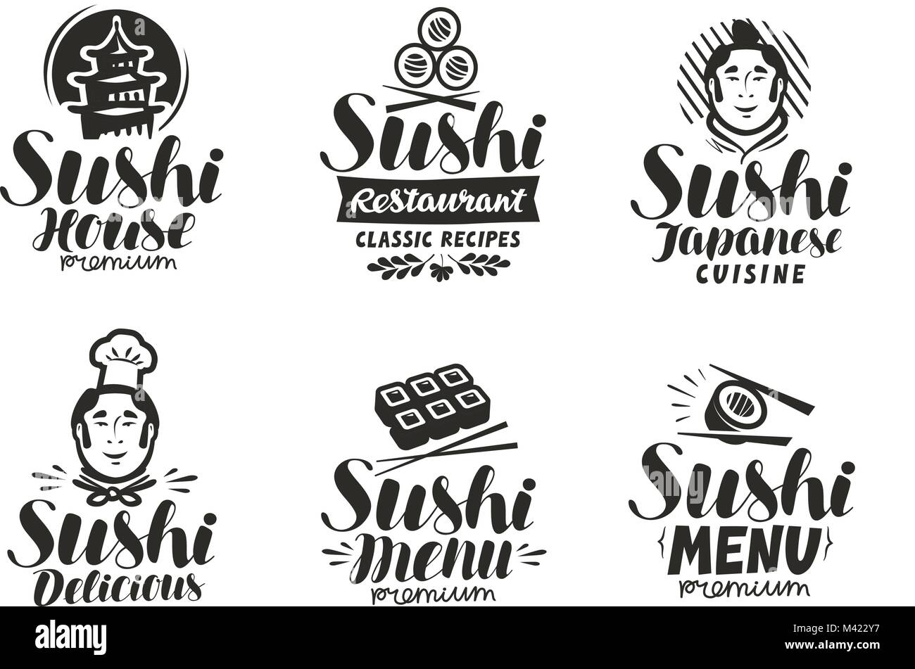 Sushi und Brötchen Logo oder Label. Japanischen fast food, sashimi Symbol. Typografie Vector Illustration Stock Vektor