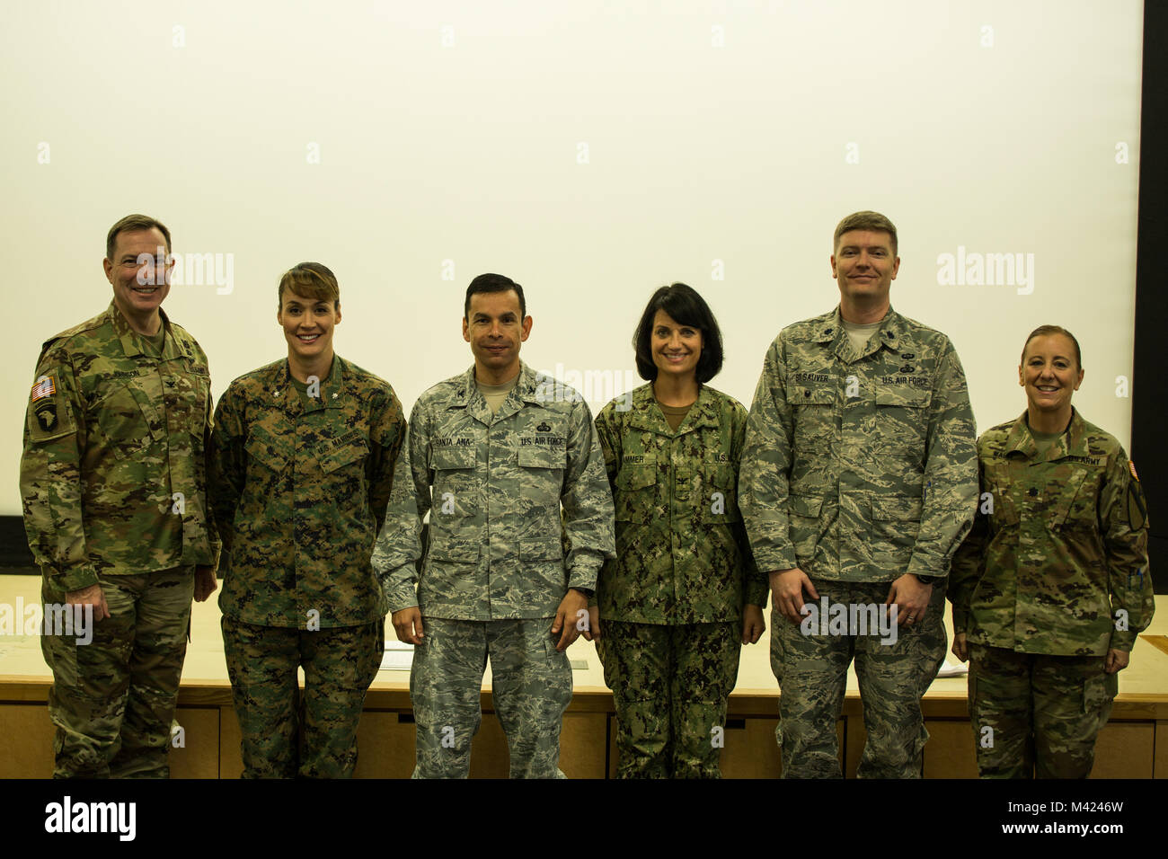 Von links nach rechts, U.S. Army Colonel William Johnson, stellvertretender Direktor der Installation Management Command - Pacific, US Marine Corps Oberstleutnant Vicki Ku, die menschliche Arbeitskraft Offizier mit Marine Pacific, US Air Force Colonel Peter Santa Ana, Direktor für Personal und Personal mit US Pacific Command, U.S. Navy Kapitän Lyn Hammer, flotte Personal Personal mit US Pacific Fleet, US Air Force Oberstleutnant Andy St. Sauver, Stellvertreter von Übersee Bildung mit Pacific Air Kräfte, und US-Armee Oberstleutnant Tracy Wadle, manpower Bereitschaft Personal mit U.S. Army Pacific Command, für ein Foto bei Marine Corp darstellen Stockfoto