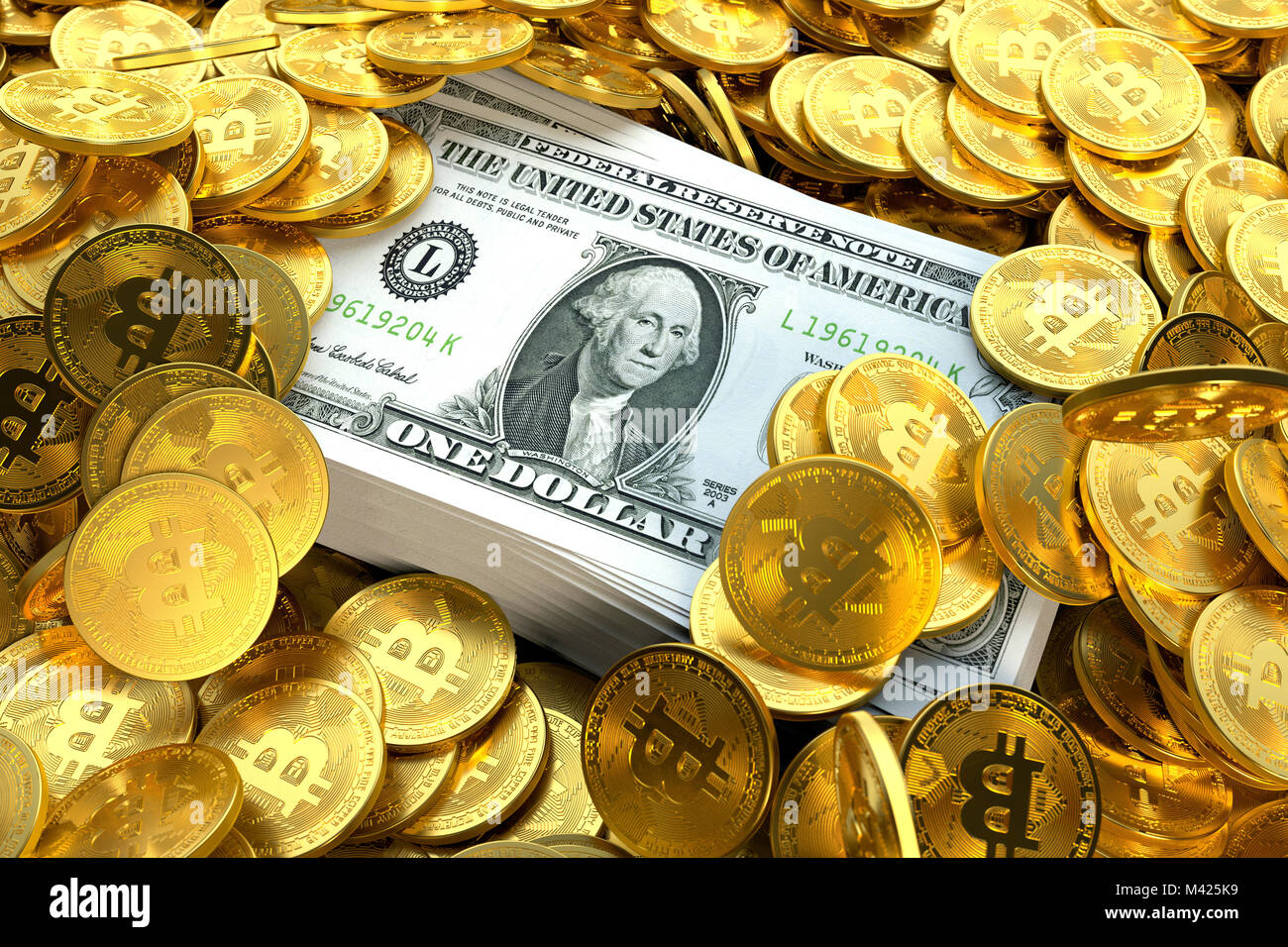 Bitcoin-Konzept – Stapel von US-Dollar-Scheinen, umgeben von Bitcoins Stockfoto