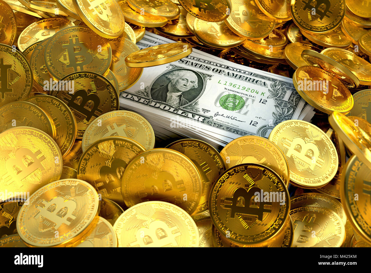 Stapel von US-Dollarnoten umgeben von Bitcoins Stockfoto