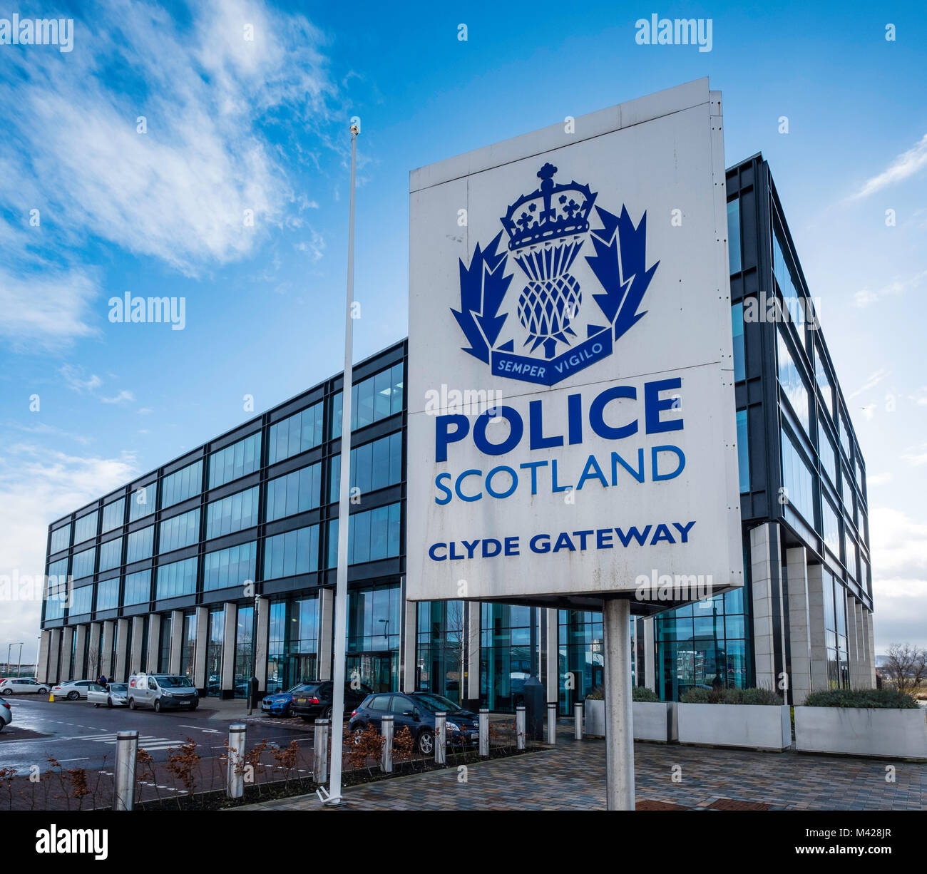 Anzeigen der Polizei Schottland Hauptsitz am Clyde Gateway in Glasgow, Schottland, Vereinigtes Königreich Stockfoto