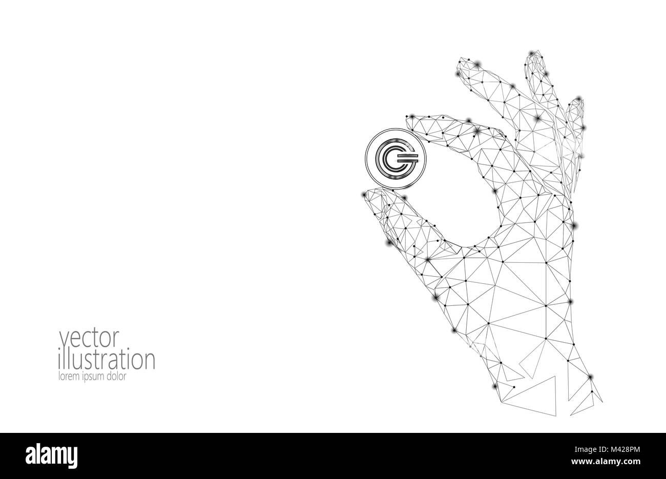 Globale cryptocurrency GCC Münze halten finger Low Poly Hand. Polygonale geometrischen 3D-Render Punkt live digital electronic banking Zukunft Innovation Business Technology Vector Illustration Stock Vektor