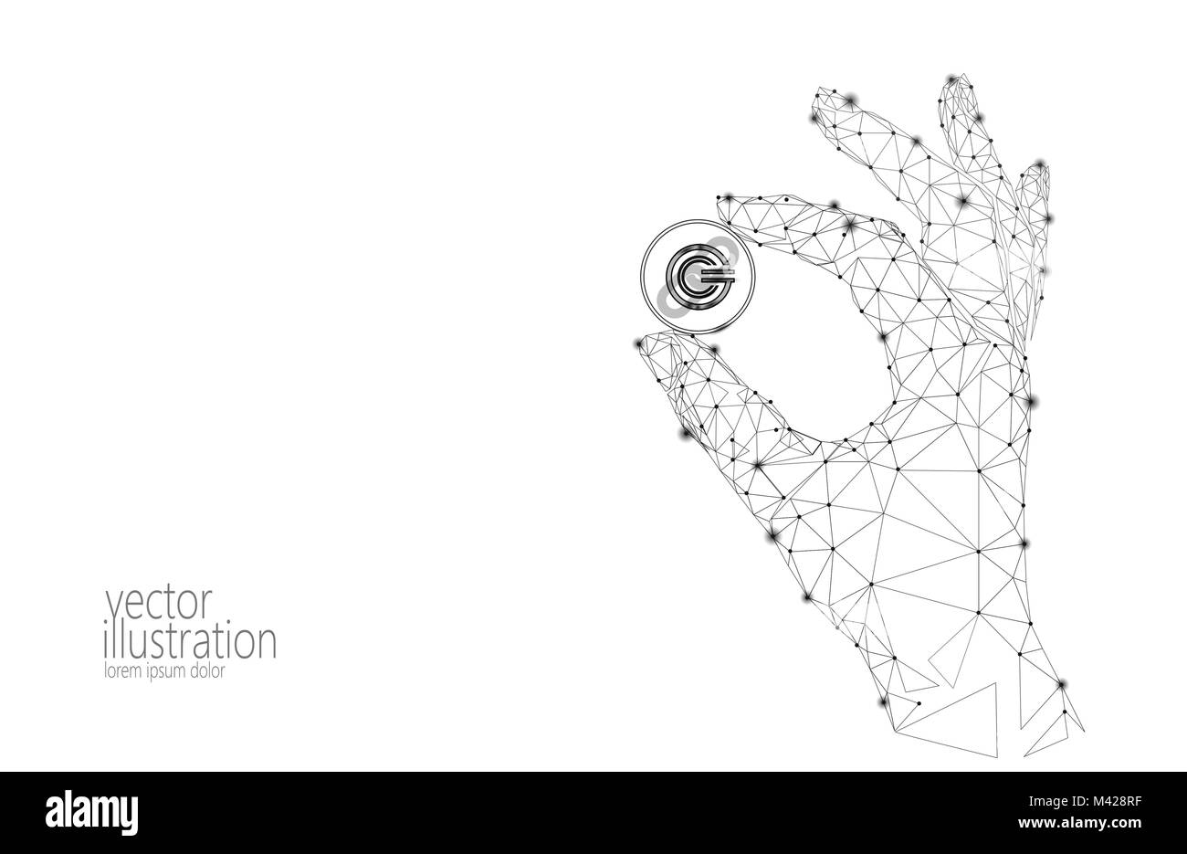 Globale cryptocurrency GCC Münze blockchain link Low Poly Hand. Polygonale geometrischen 3D-Render Punkt live digital electronic banking Zukunft Innovation Business Technology Vector Illustration Stock Vektor