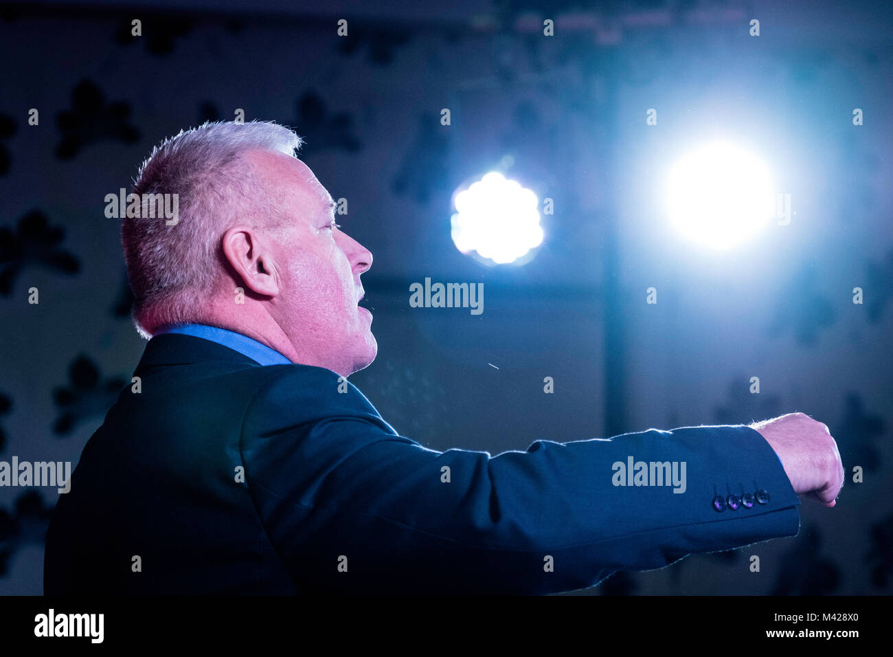 Labour Party Stuhl Ian Lavery MP gibt Rede bei der Shottstown Bergleute Tierschutz Halle, Penicuik Mid Lothian, Midlothian am Anfang einer Tour durch Schottland. Stockfoto