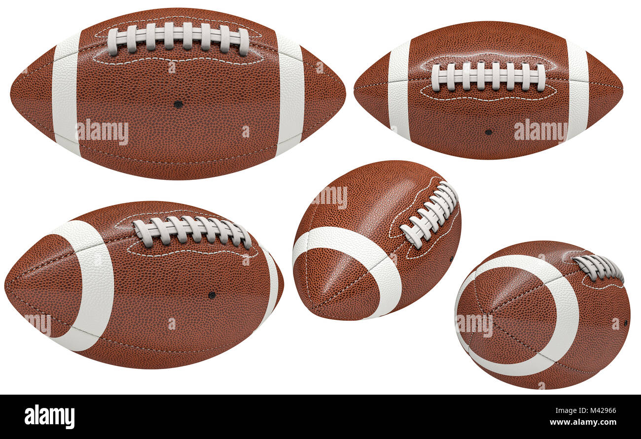 Sammlung von amerikanischen Fußball-Ball auf Weiß 3D Rendering image isoliert Stockfoto