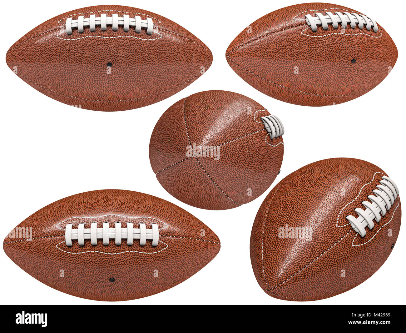 Sammlung von amerikanischen Fußball-Ball auf Weiß 3D Rendering image isoliert Stockfoto