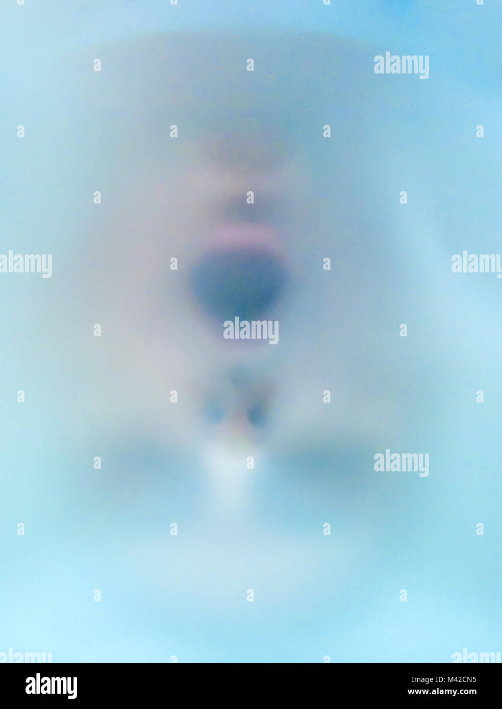 Selfie. Das menschliche Gesicht wurde hinter einem halbtransparenten Bildschirm auf den Kopf gestellt. Stockfoto