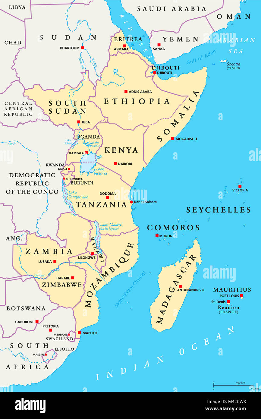 Osten Afrika, die politische Karte. Bereich mit Kapitellen, Grenzen, Seen und Flüsse. Östliche Region des afrikanischen Kontinents. Stockfoto