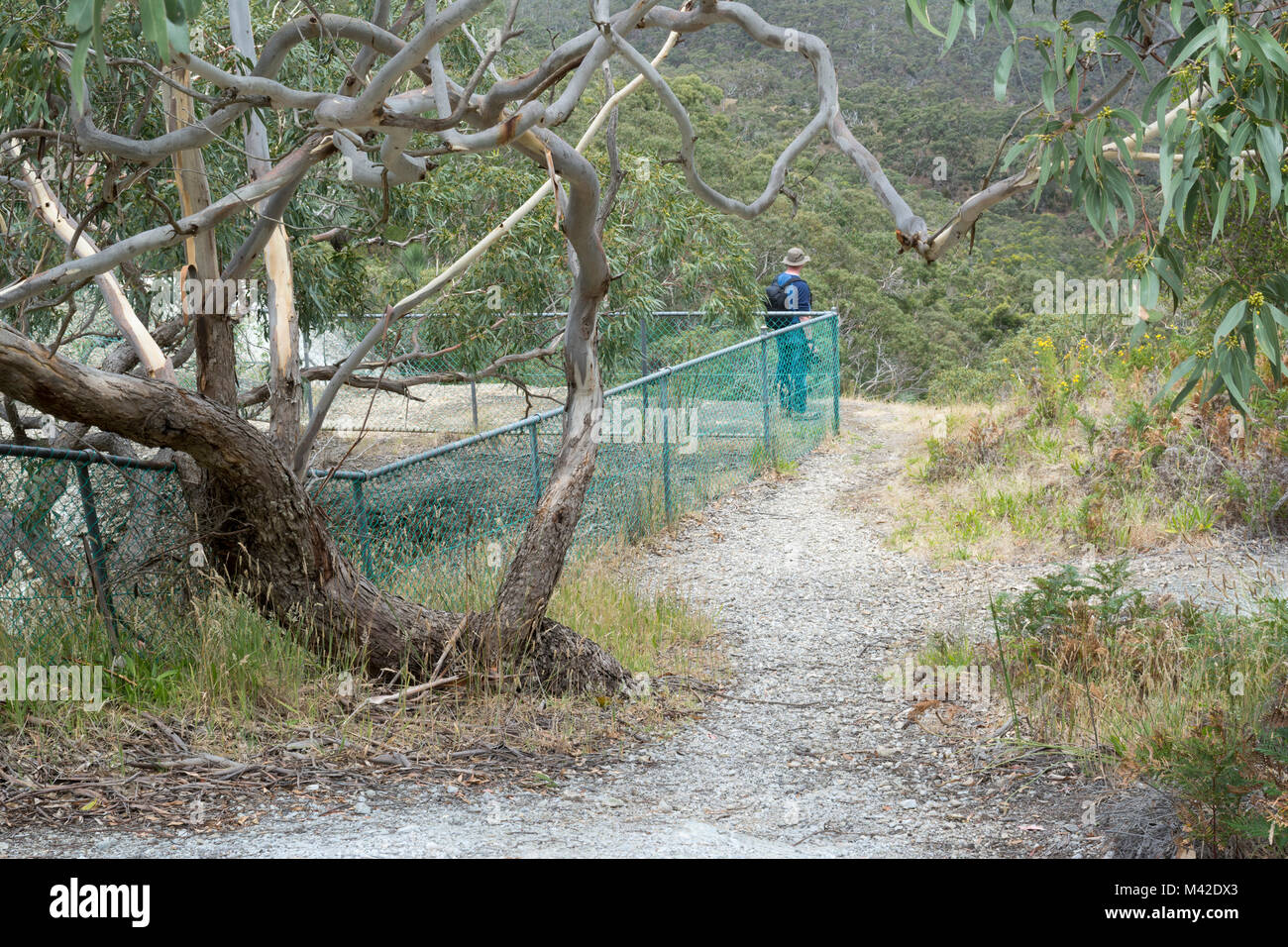 Silverton, South Australia, Australien - Dezember 2, 2017: Männer mittleren Alters touristische stehen am Zaun grenzt an ein stillgelegtes Bergwerk Welle auf der Website von Stockfoto