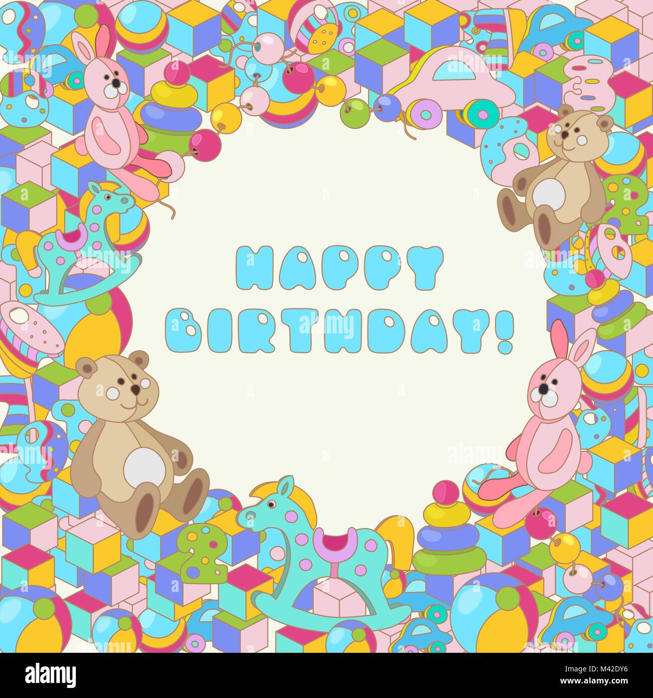 Happy Birthday typografischen Vektor farbenfrohen cartoon Doodles baby Spielzeug Design für Grußkarten, Einladungen Stock Vektor