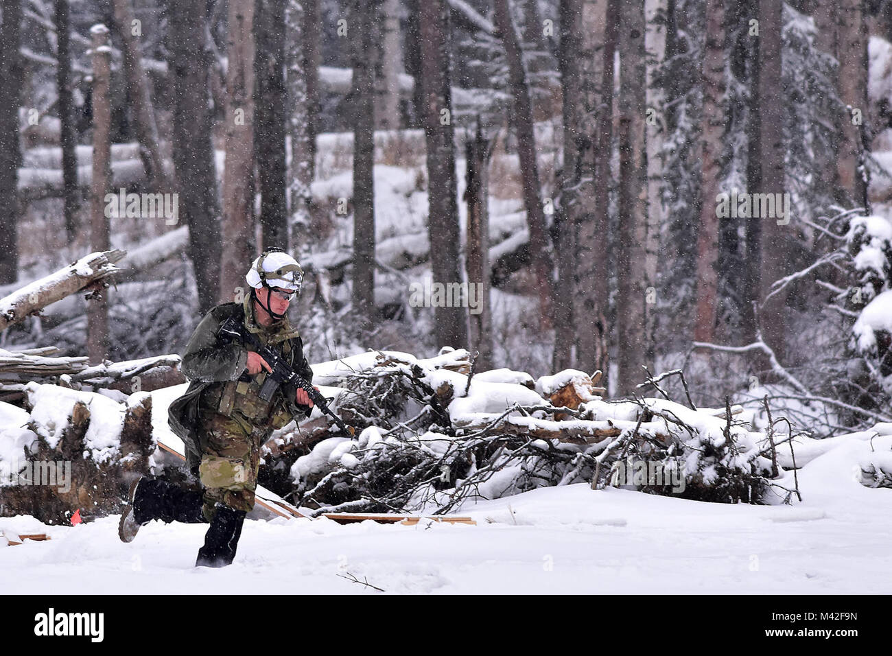 Eine entgegengesetzte Kraft Soldat huscht für den eingehenden B-Company, 1.BATAILLON, 5 Infanterie Regiment, 1 Stryker Brigade Combat Team, 25 Infanterie Division Angriff während des Betriebs der Punchbowl, Feb 6, 2018 vorzubereiten, in der Mehrzweck-Training Strecke auf einer gemeinsamen Basis Elmendorf-Richardson. Eine Übung, die kurzfristiger Einsatz übung Arktis Schub, der Punchbowl erlaubt 1-5 Infanterie die Gelegenheit für ein Bataillon kombinierte Waffen live-fire Übung auf JBER reicht, fast 350 Kilometer von zu Hause entfernt am Fort Wainwright zu trainieren. (Armee Stockfoto