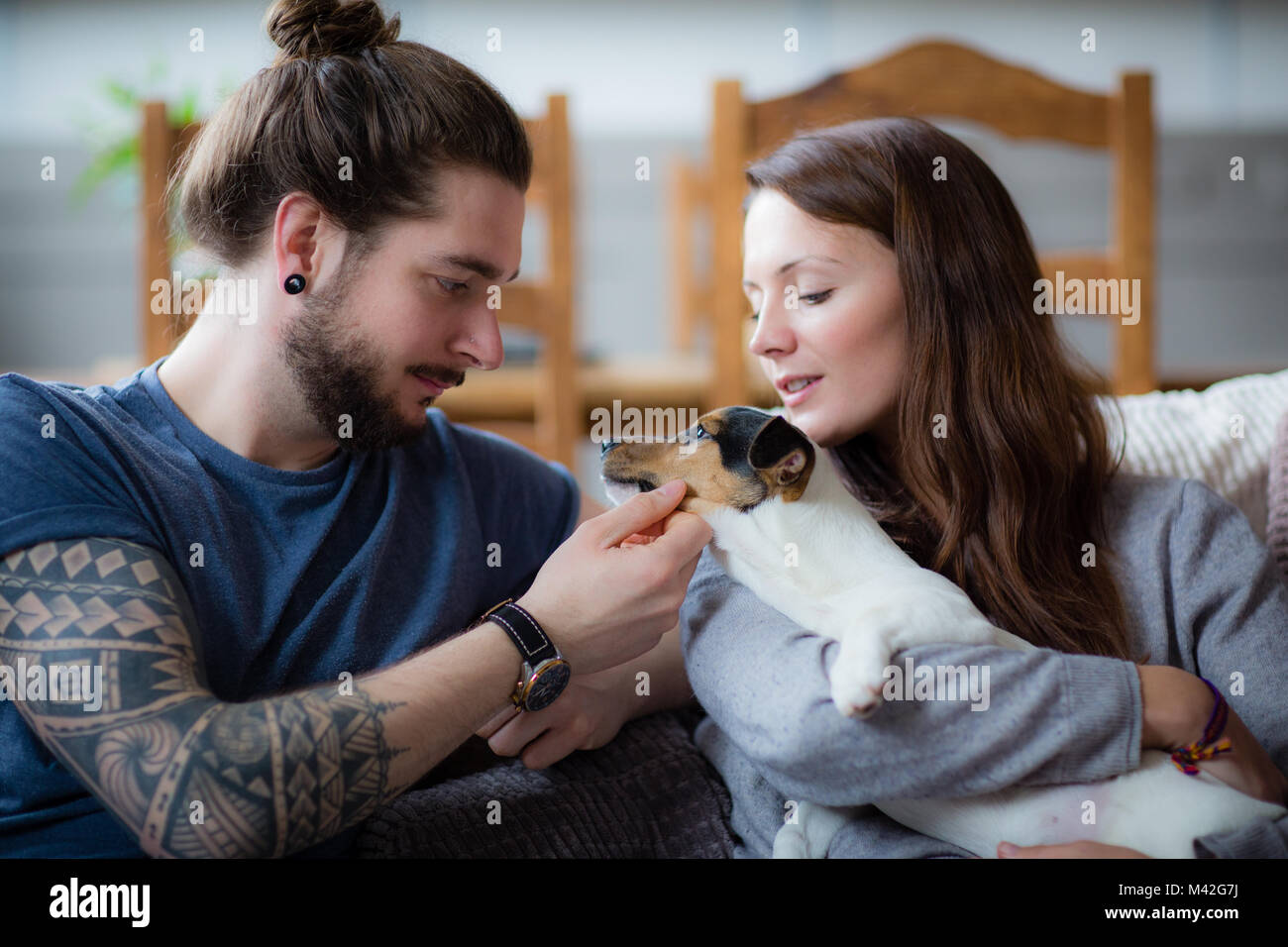 Junges Paar mit Haustier Welpen Jack Russell Stockfoto