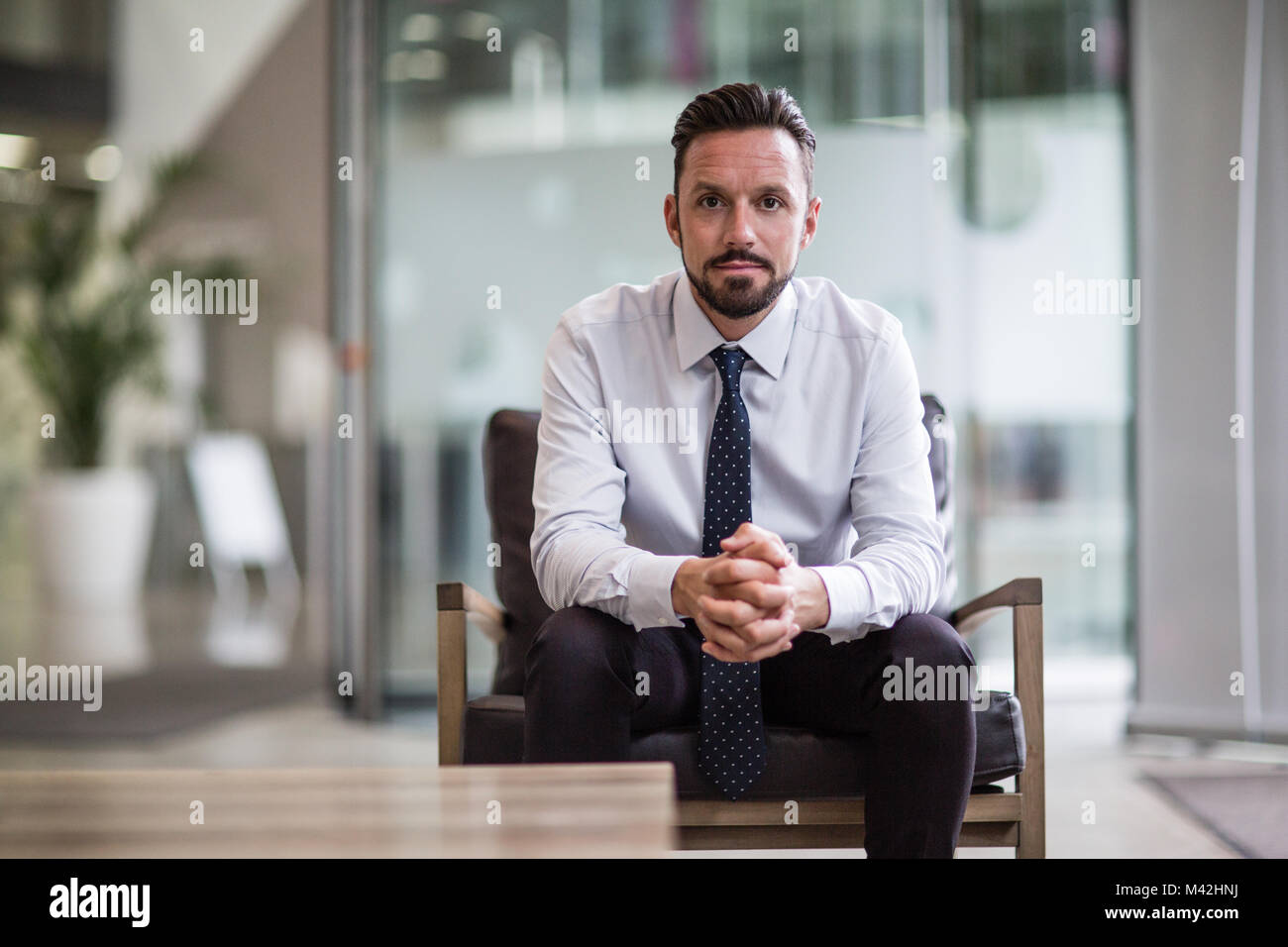 Unternehmer selbstbewusst in die Kamera schauen Stockfoto