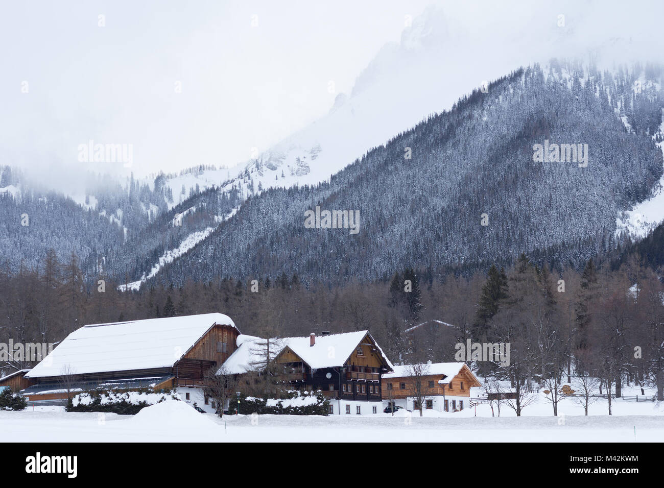 Winter Dorf unter bewaldeten Berg Stockfoto