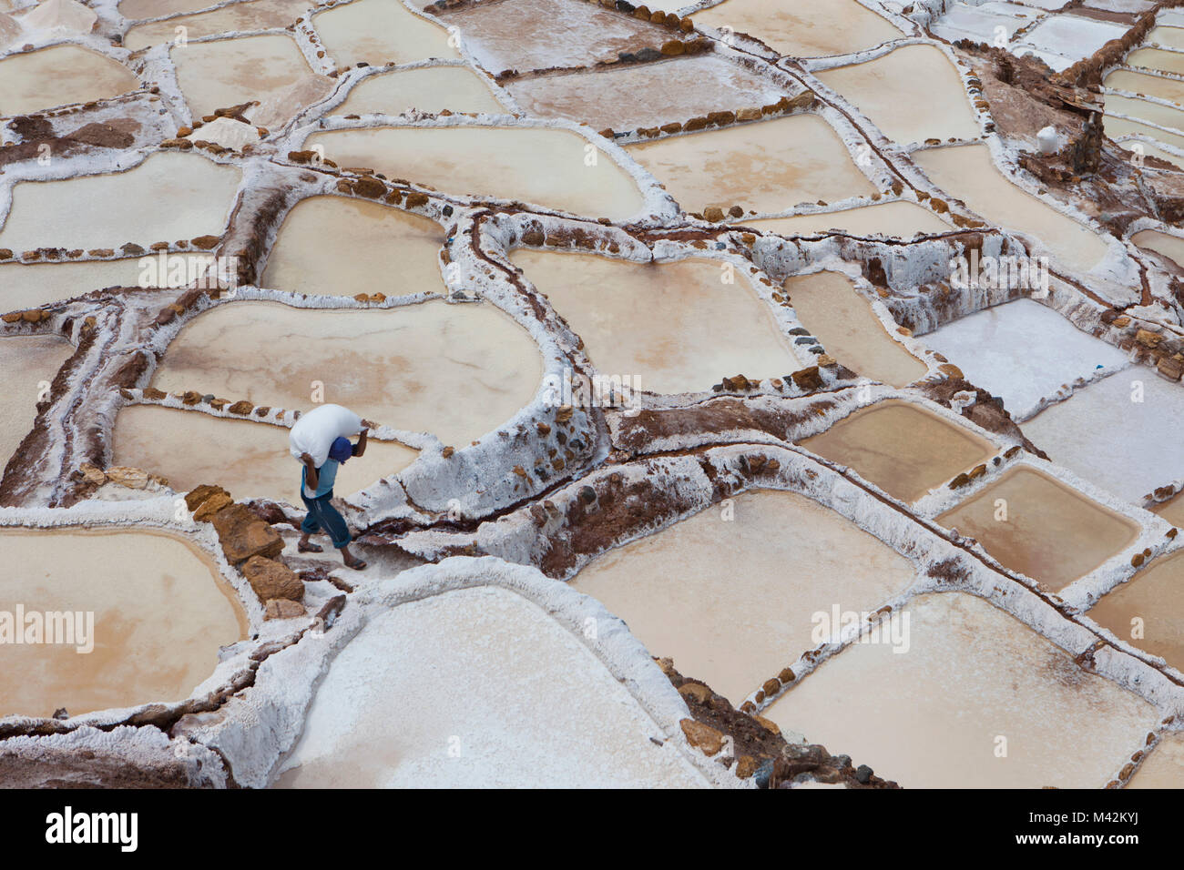 Peru, Maras, Salzbergbau, Mann im Salz Pfannen arbeiten, Transport Tasche von Salz. Stockfoto