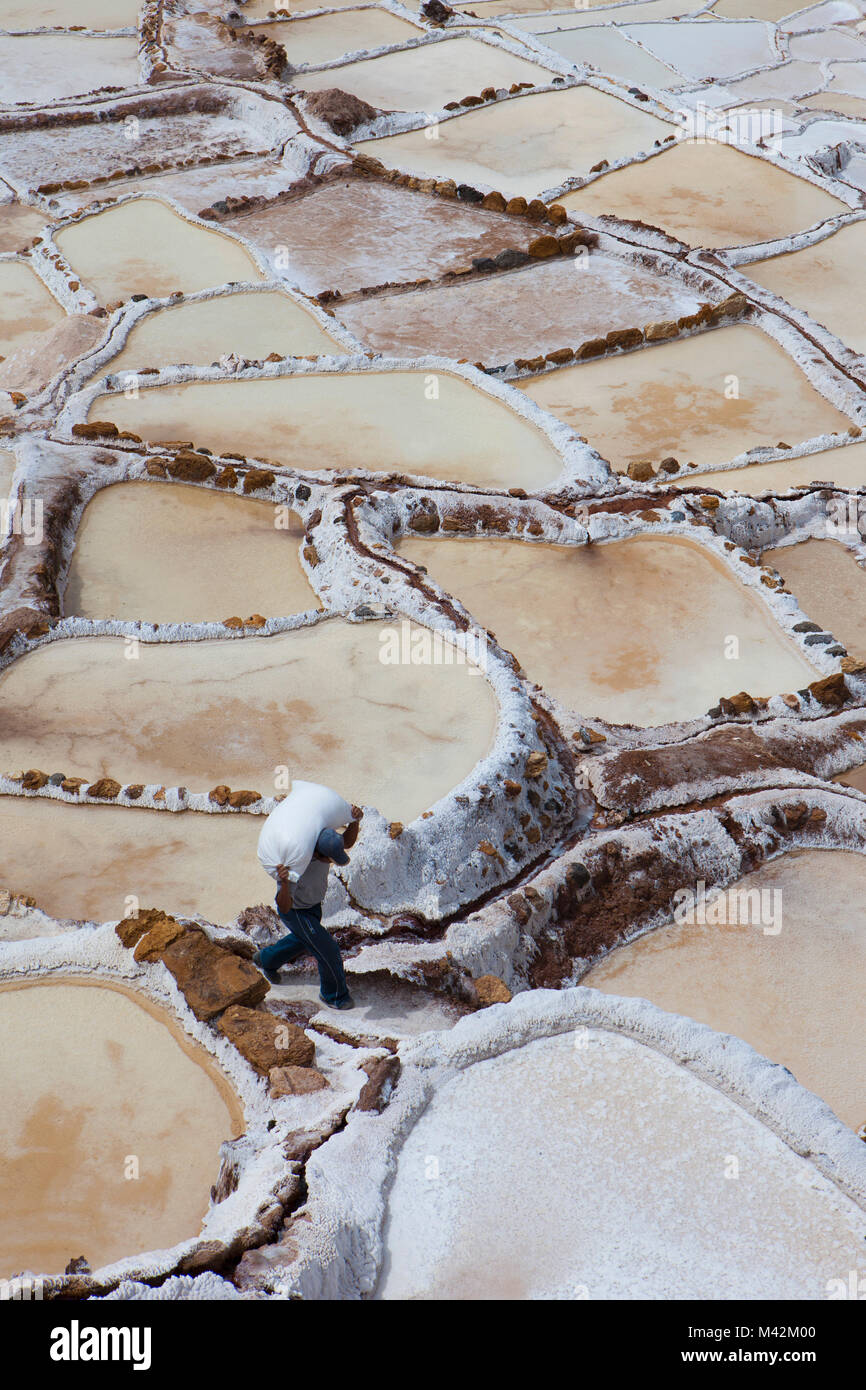 Peru, Maras, Salz, Bergbau, Beschäftigten in Salinen. Stockfoto