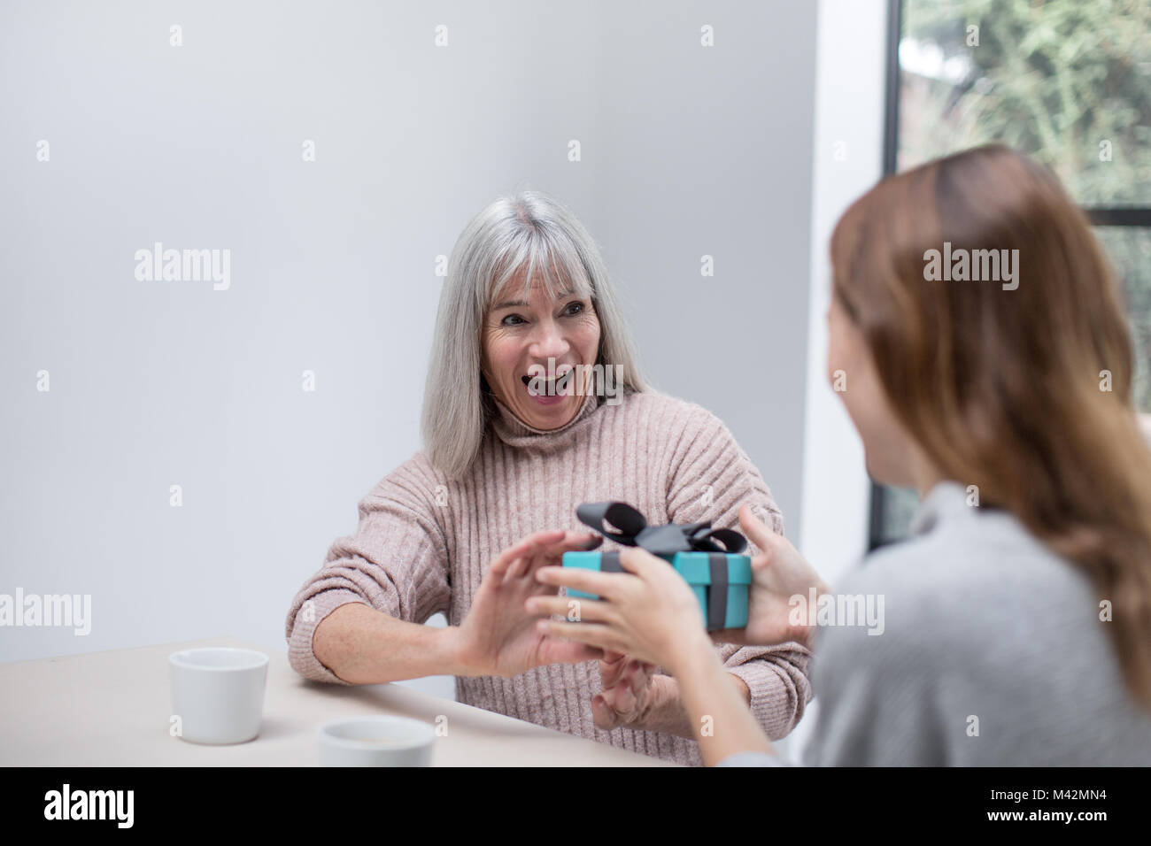 Tochter, Mutter ein Geschenk Stockfoto