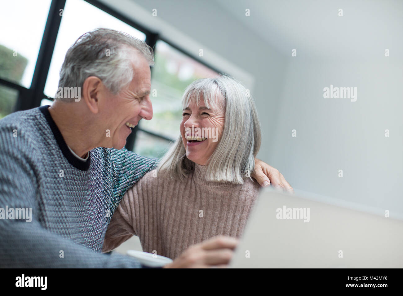 Gerne älteres Paar mit einem Laptop zusammen Stockfoto