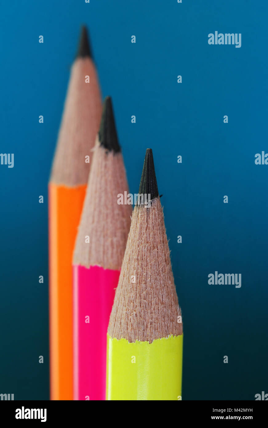 Bleistifte vor blauem Hintergrund Stockfoto