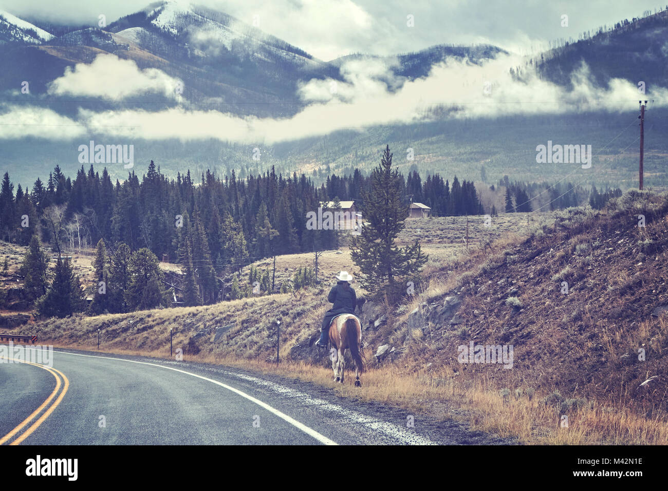 Vintage getonten Bild einer weiblichen Pferd Reiter in einem Cowboyhut auf einer Straße, USA. Stockfoto