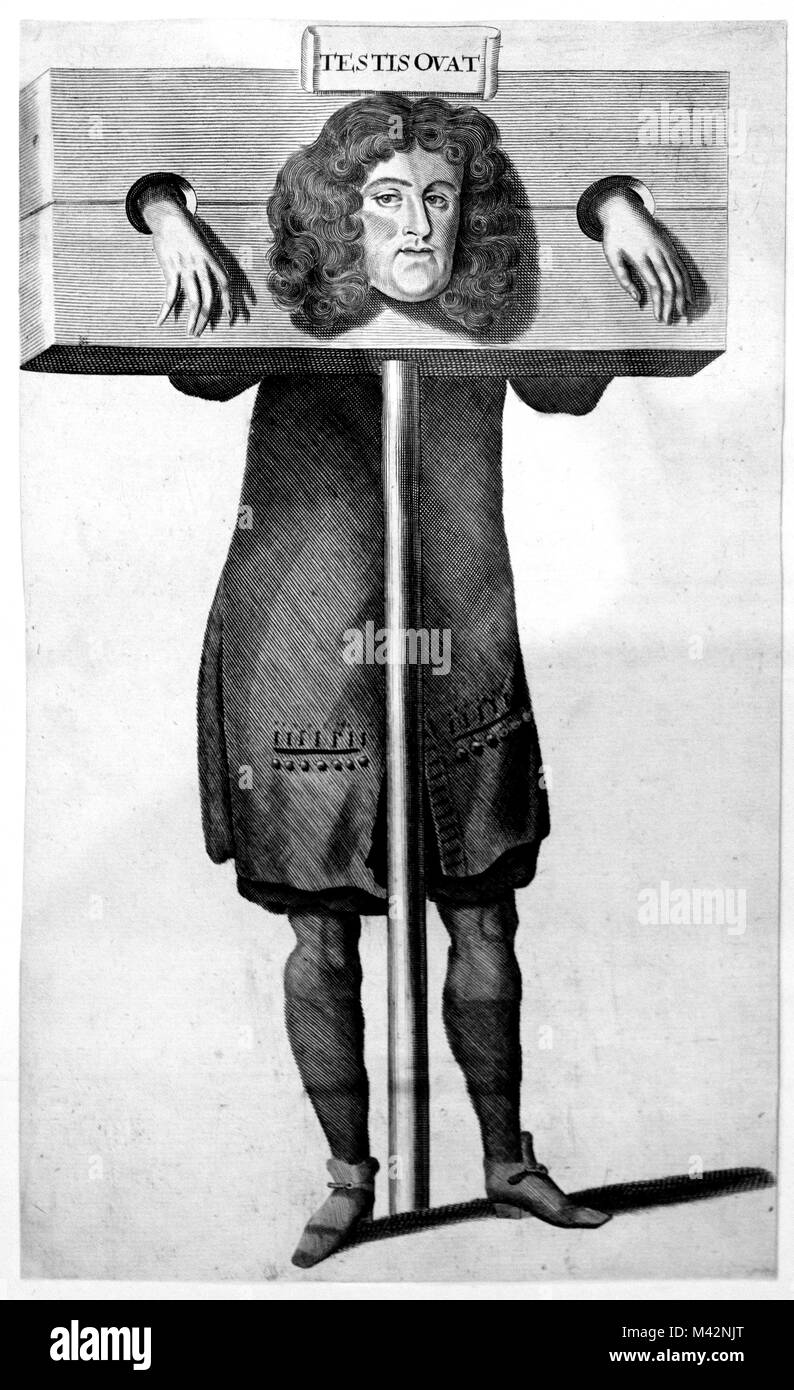 Titus Oates an den Pranger, nach Robert White, c 1685. Gravieren von Titus Oates (1649-1705), der die "Popish Plot', eine Katholische Verschwörung zu König Charles II. töten hergestellt Stockfoto