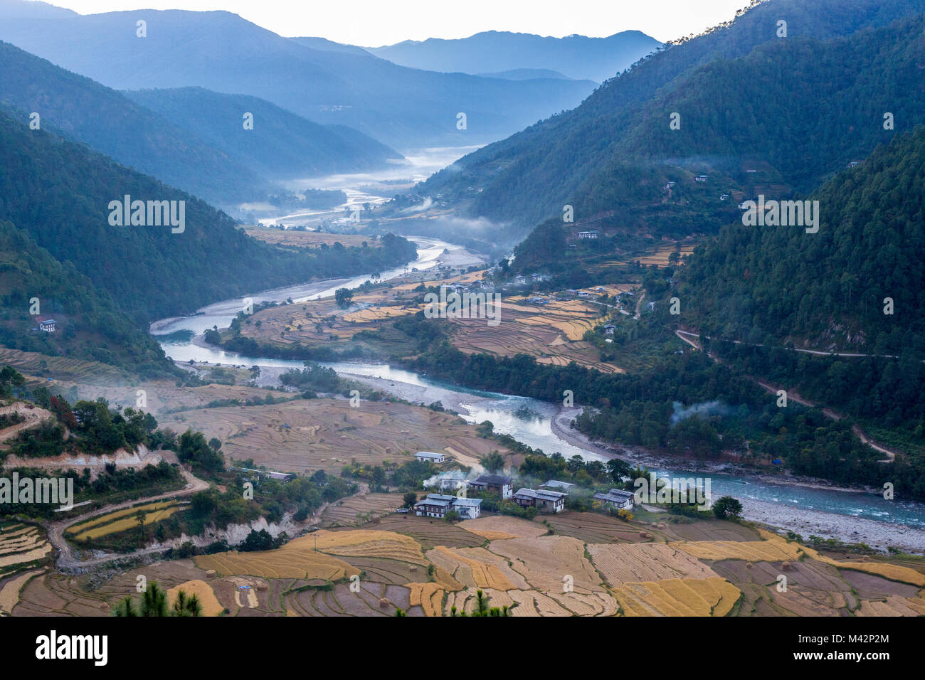 Punakha, Bhutan. Morgennebel in der Mo River Valley. Stockfoto