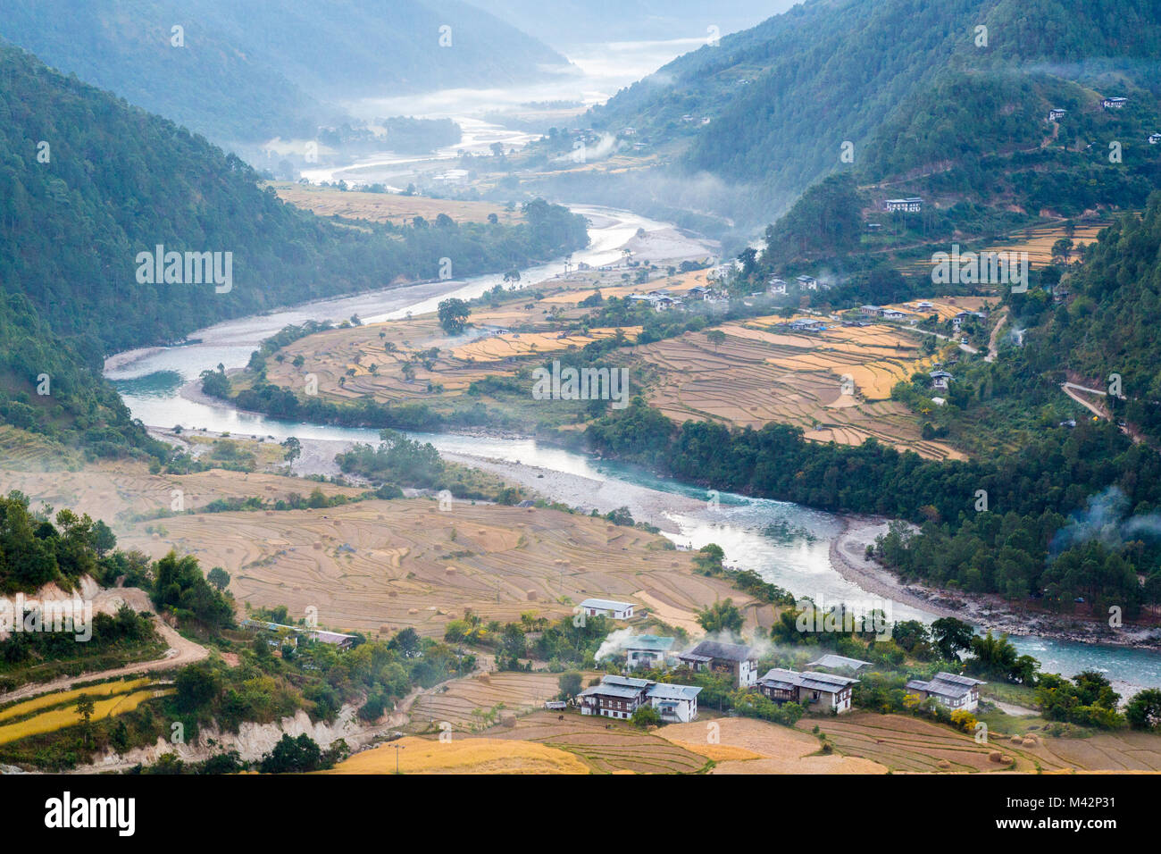 Punakha, Bhutan. Morgennebel in der Mo River Valley. Stockfoto