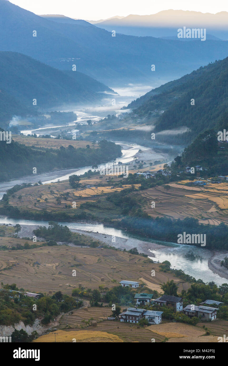 Punakha, Bhutan. Morgennebel in der Mo River Valley. Stockfoto