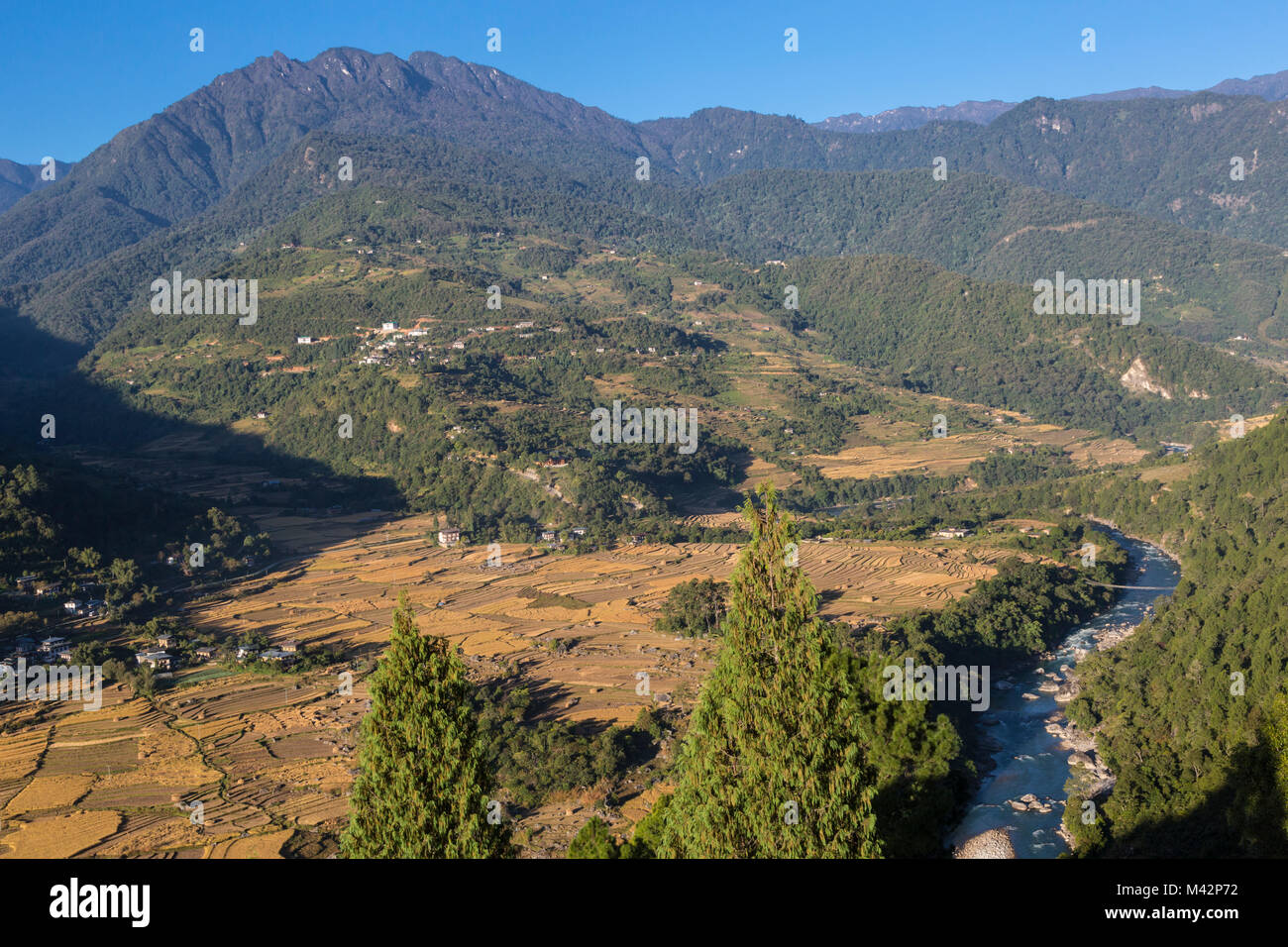 Punakha, Bhutan. Bhutanesische Landschaft. Malerischer Blick auf Farmen, Reisfelder, Mo-Fluss, und Himalayan Foothills. Stockfoto