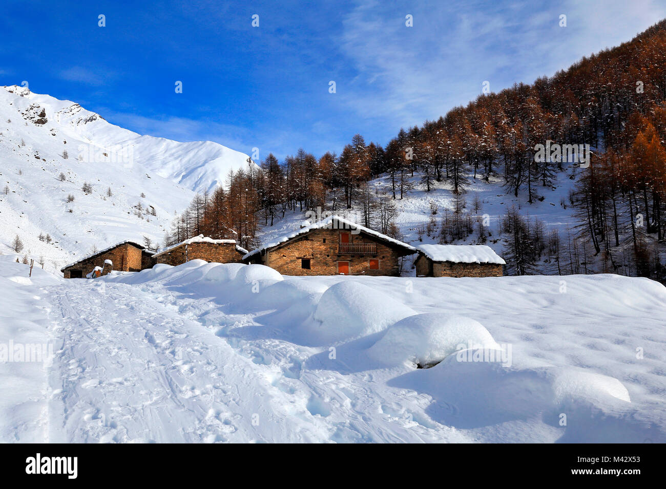 Valle Varaita, Pontechianale Dorf, Cuneo, Piemont, Italien Stockfoto