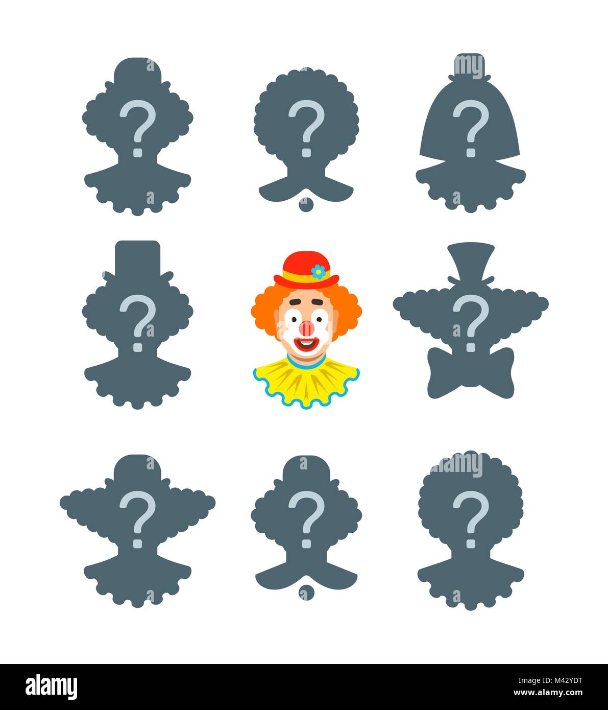 Hier finden Sie die Schatten pädagogische puzzle Spiel. Ordnen Sie die richtigen Silhouette der lustige Clown Gesicht. Visual Test für Kinder im Vorschulalter Stock Vektor