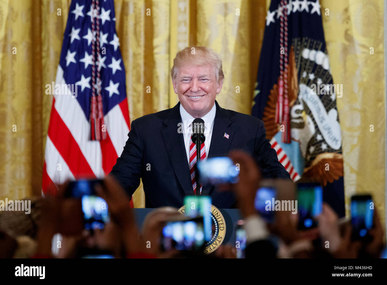 Washington, USA. 13 Feb, 2018. Us-Präsident Donald Trump spricht während einer National African American History Month Empfang im Weißen Haus in Washington, DC, USA, 13.02.2018. Credit: Ting Shen/Xinhua/Alamy leben Nachrichten Stockfoto