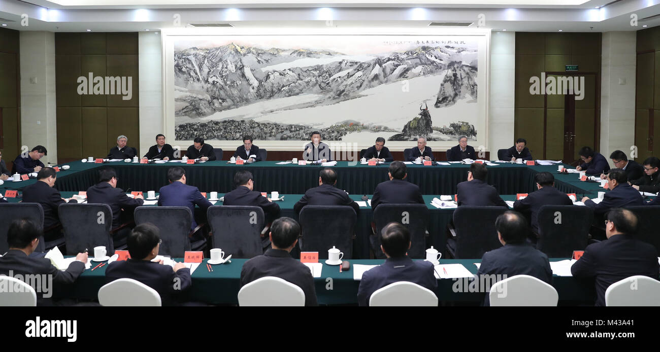 (180214) - CHENGDU, Februar 14, 2018 (Xinhua) - der chinesische Präsident Xi Jinping (C, hinten), auch Generalsekretär der Kommunistischen Partei Chinas und Vorsitzender der Zentralen Militärkommission, Adressen ein Symposium auf die Linderung der Armut in Chengdu, der Hauptstadt der Provinz Sichuan im Südwesten Chinas, Feb.12, 2018. (Xinhua / Xie Huanchi) (mp) Stockfoto
