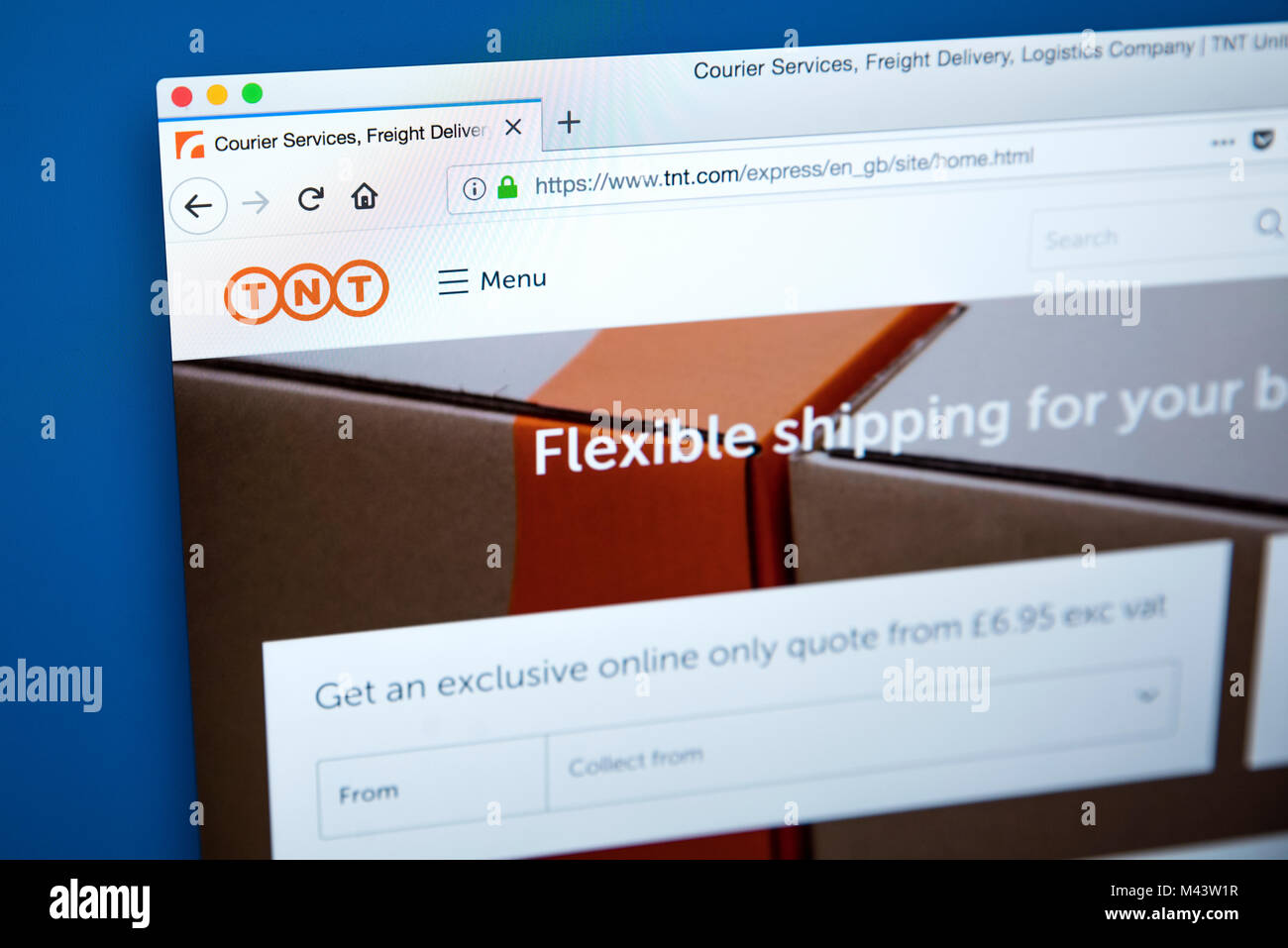LONDON, UK, 10. Februar 2018: Die Homepage der offiziellen Website für TNT - die Lieferung per Kurier Unternehmen, am 10. Februar 2018. Stockfoto